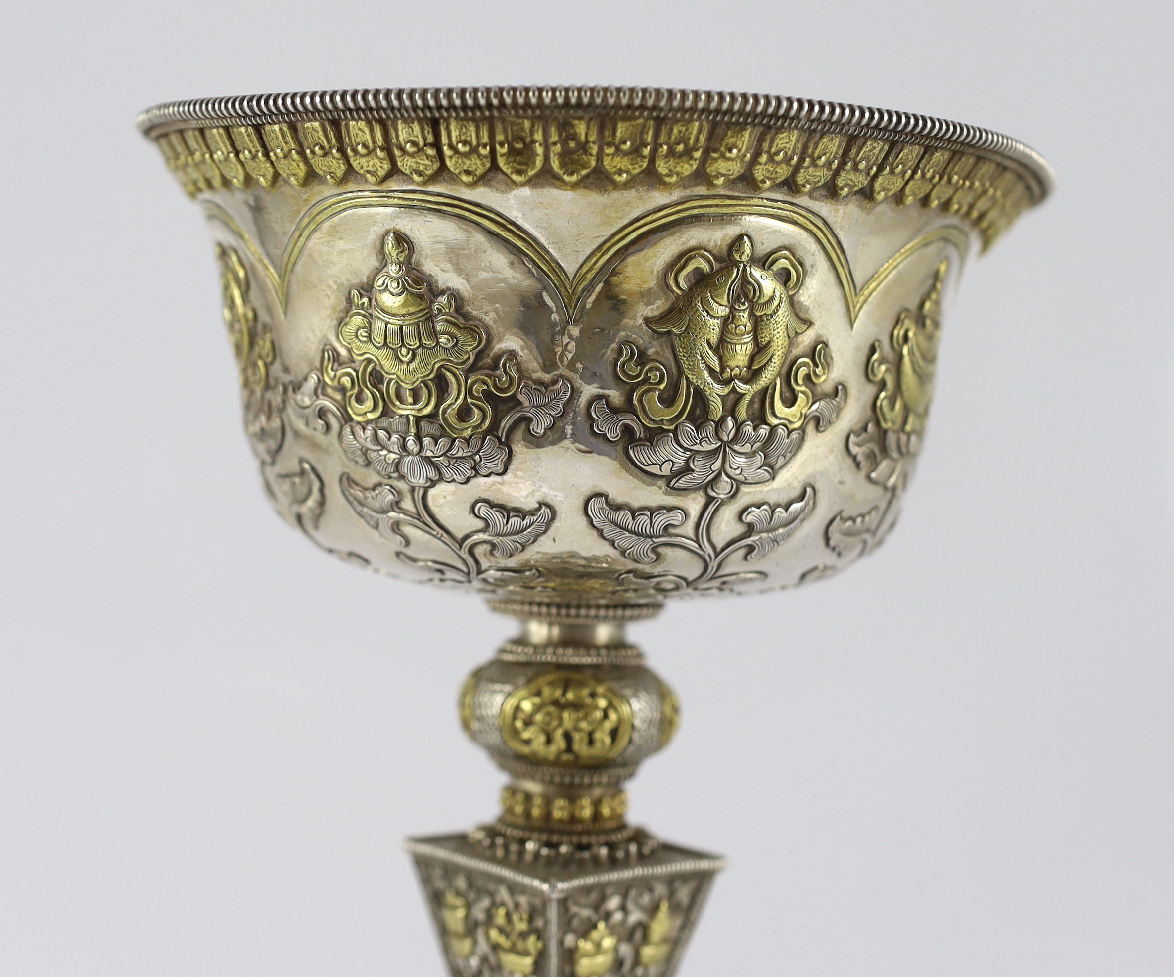 A large Tibetan silver and parcel gilt butter lamp, syou deng, 19th century